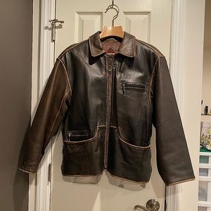 Dark Brown Leather Bomber Jacket w/ zipper detail